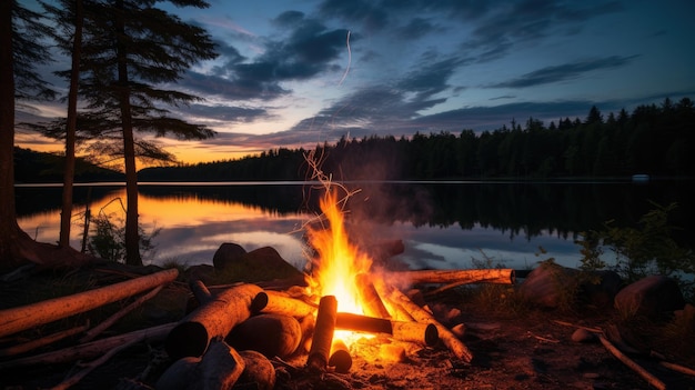 Photo camp fire with beautiful canadian nature landscape generative ai