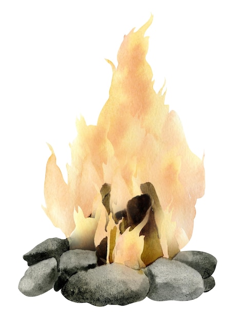 주황색 불꽃과 나무 시차가 있는 캠프 파이어 격리된 흰색 배경에 있는 벽난로의 손으로 그린 수채화 그림 다채로운 모닥불 그림 여행과 모험을 위한 캠프파이어 스케치