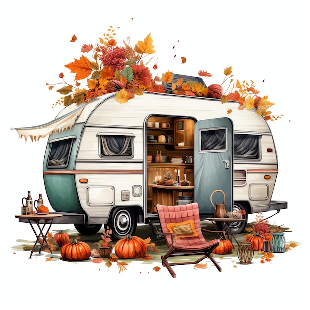 Photo camper autumn fall watercolor illustration