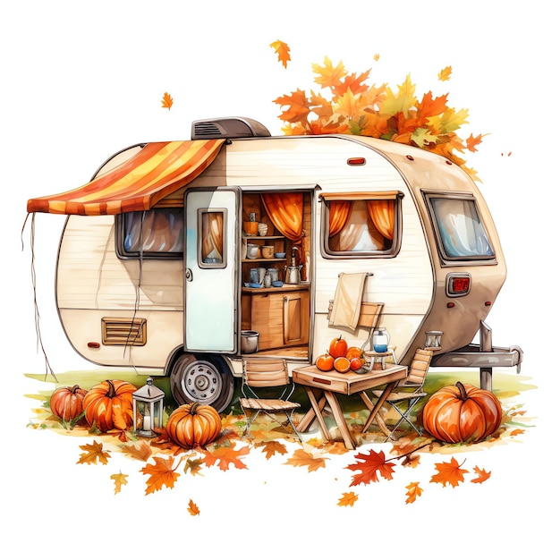 Photo camper autumn fall watercolor illustration