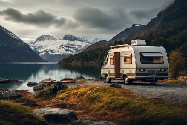Camper car in Norway Camping on nature Holidays in motor home