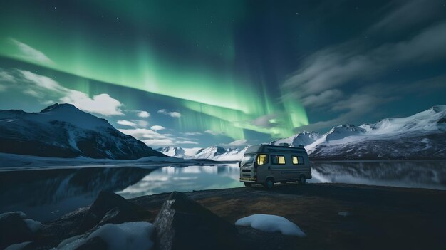 Foto camper geparkeerd onder het noordlicht.