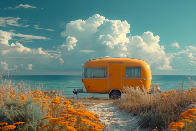 Camper op wielen aan de kust van de oceaan op een prachtige plek Wild kamperen bij de zee