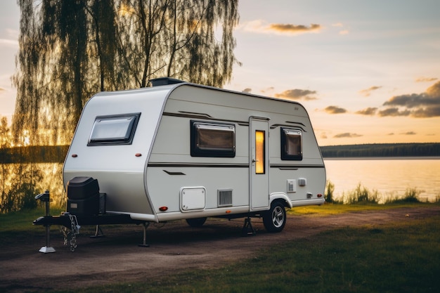 A camper parked next to a lake at sunset digital image