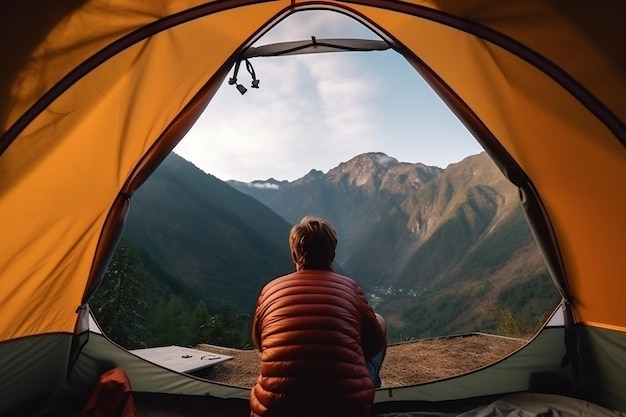 Camper's View Jonge man observeert een schilderachtige goedheid Generatieve AI