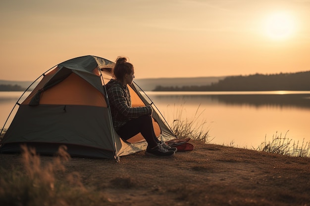 A camper sits in front of a tent with a lake in the background during sunset Generative ai