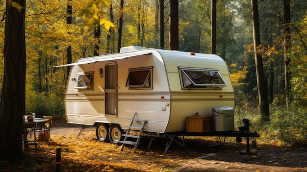 A camper trailer is parked in the woods digital image