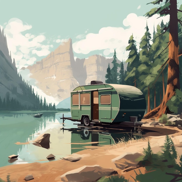 Camper trailer on a serene lake