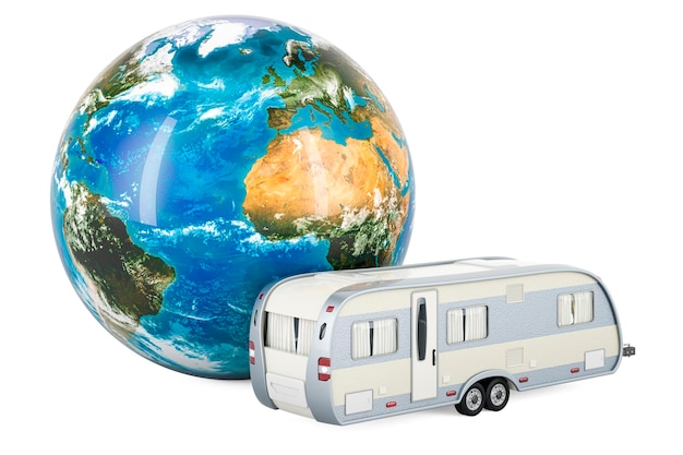 Earth Globe 3D レンダリングを備えたキャンピングカー トレーラー