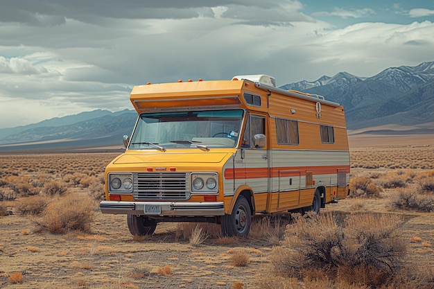 Photo camper van in the arizona desert vintage style toned picture