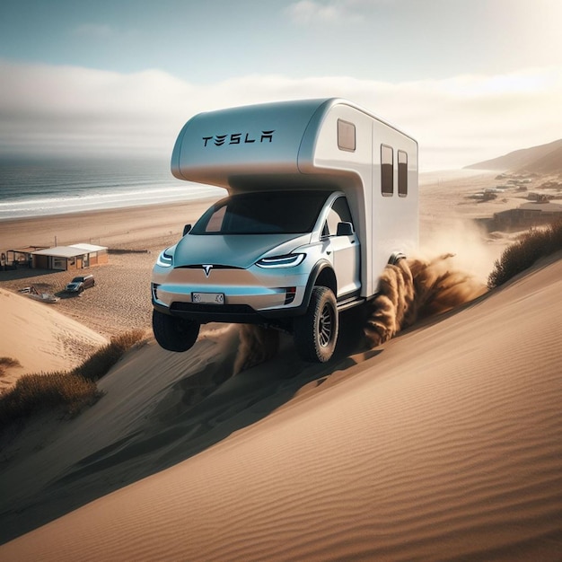 camper van on the beach at sunrise with a tent in the background