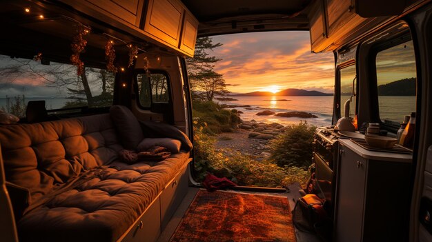 Photo camper van on the beach in sunset