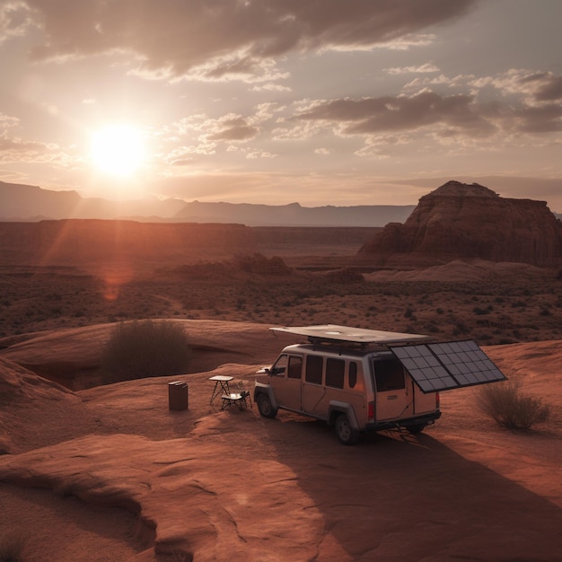 Camper van on the edge of a desert canyon