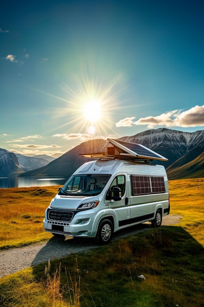 a camper van equipped with solar panels Created with generative AI technology