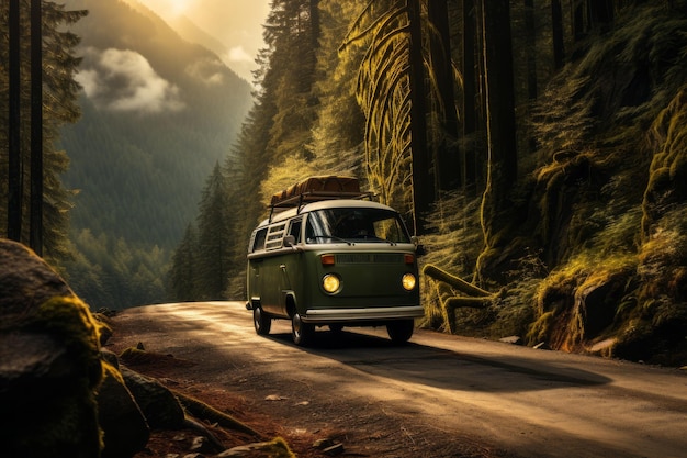 Camper Van In The Forest Mountain Road Generative AI