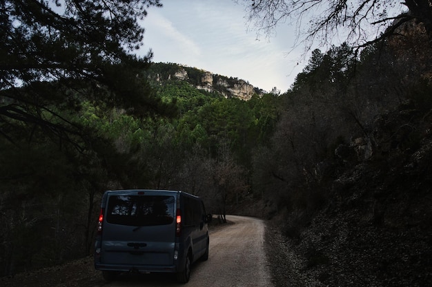 Camper van on a forest road