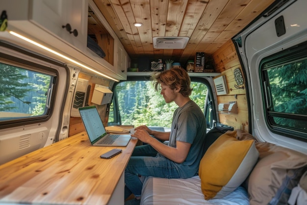 Camper van in de natuur freelance digitale nomadisch leven