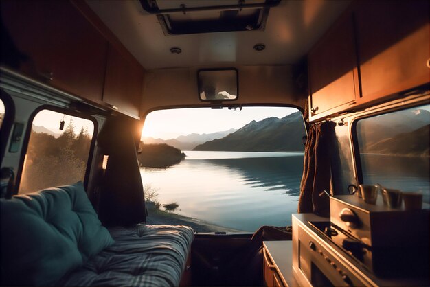 Camper van next to a lake at dawn