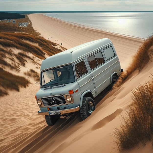 camper van op het strand bij zonsopgang met een tent op de achtergrond