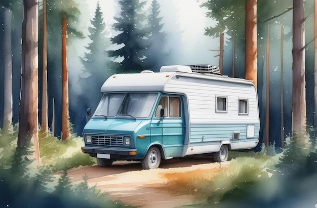 camper van parked in forest vacation in wild nature watercolor illustration of camping truck