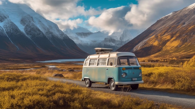 A camper van parked near a towering mountain range AI generated illustration