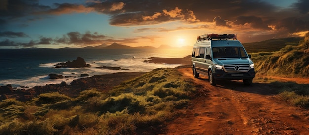 Camper van on the road at sunset Panoramic image