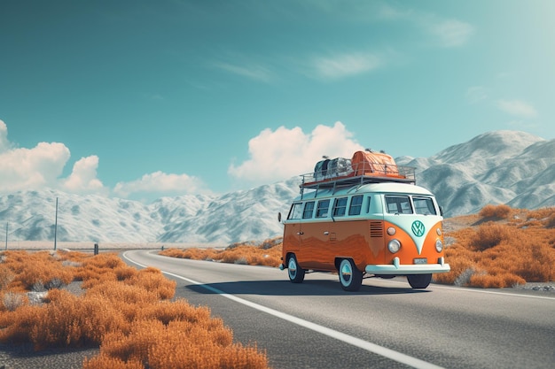 Camper van on the road travel and vacation concept