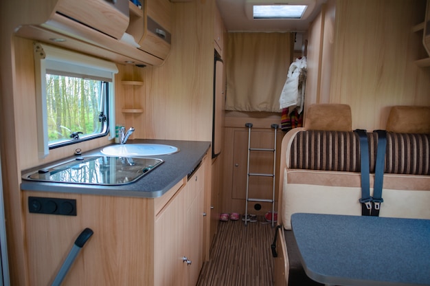 Camper van, rv, caravan interior. Motorhome for family holiday travel