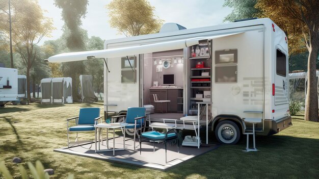 a camper with chairs and a desk outside