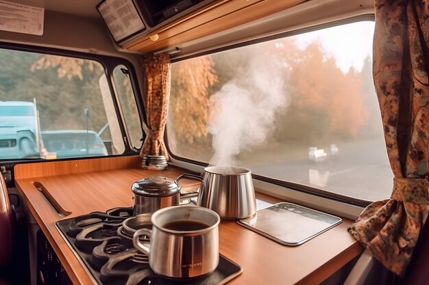 A camper with a stove and pots on the stove and a window with autumn leaves outside.