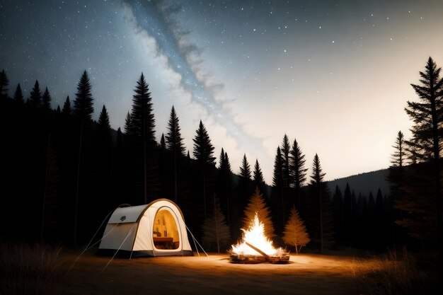 Camper tenda da campeggio nella giungla sotto la notte stellata sfondo del paesaggio generativo ai galaxy concetto di stile di vita all'aperto