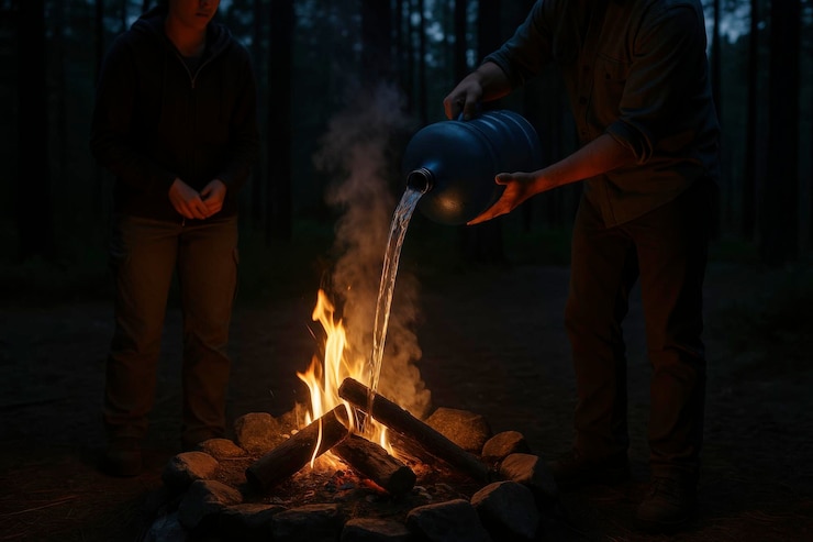 Photo campers extinguish a campfire at night in a forest setting during their outdoor gathering
