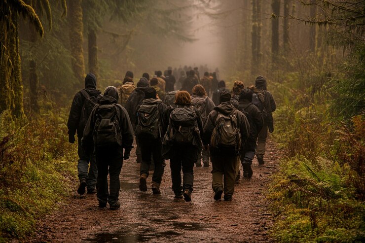 Foto campers wandelen naar een herfstkamp