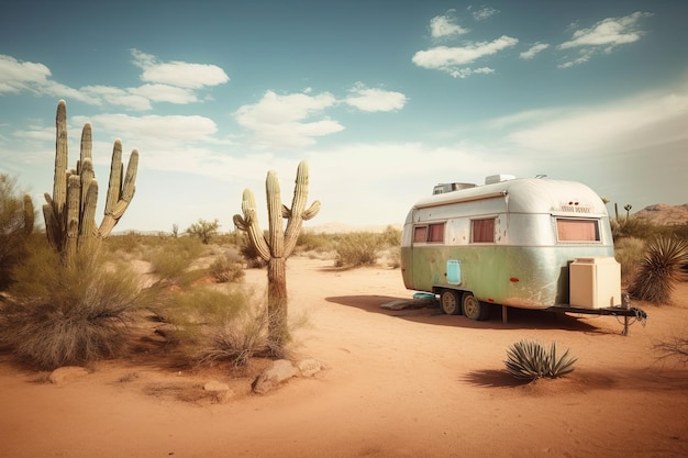 Campertrailer in de woestijn met cactussen en blauwe lucht Generatieve AI