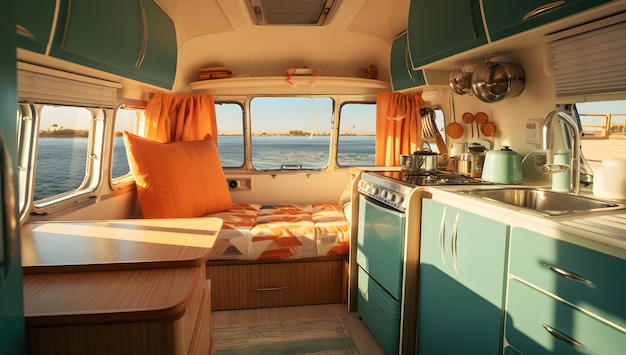 Campervan and nice landscape outside View inside of a campervan adapted for digital nomad life