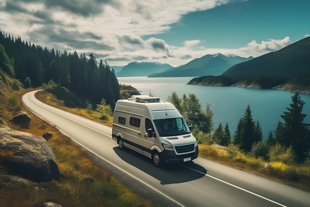 Campervan on the road with beautiful nature landscape