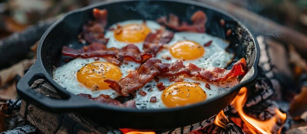 Photo campfire bacon and eggs cooking