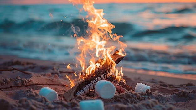 Лагерный огонь на пляже на закате волны бьются на заднем плане и огонь трепещет есть зефиры жареные на огне