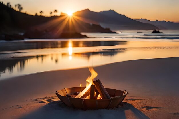 Photo a campfire on a beach at sunset