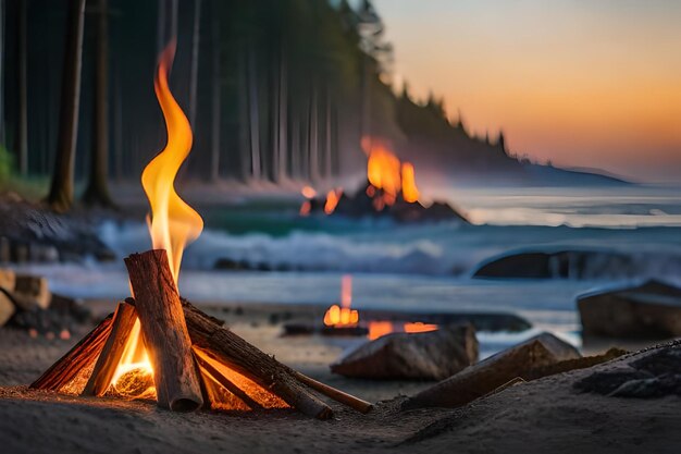 a campfire on a beach with the ocean in the background.