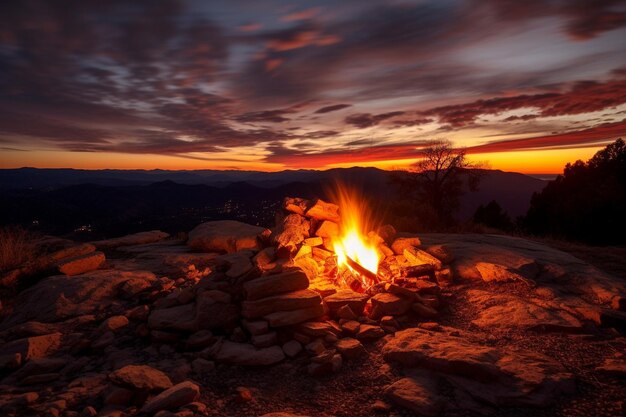 Campfire blaze against twilight sky in rocky landscape