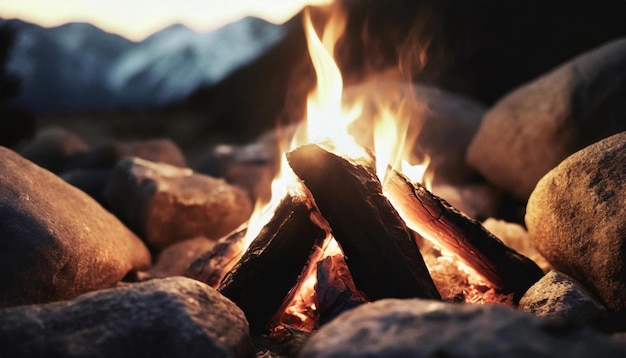 Campfire bonfire surrounded by rocks Burning logs Tongues of flame Wood charcoal Natural landscape