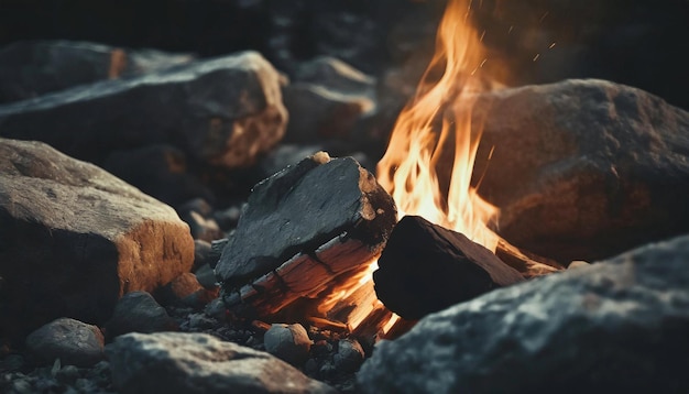 Campfire bonfire surrounded by rocks Burning logs Tongues of flame Wood charcoal Natural landscape