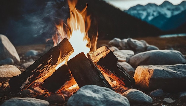 Campfire bonfire surrounded by rocks Burning logs Tongues of flame Wood charcoal Natural landscape