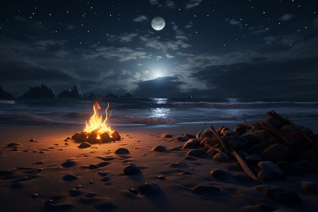 A campfire burning bright on a deserted beach unde 00022 00