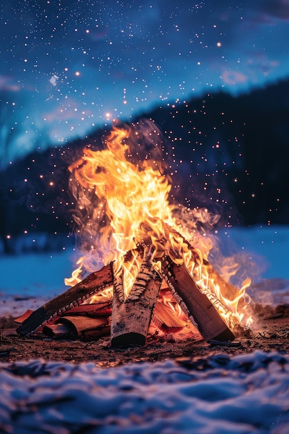 Photo a campfire burning brightly in the middle of a snowy field creating warmth and light in the cold