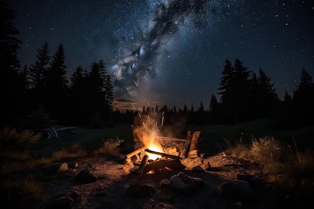 Campfire burning surrounded by the darkness of night sky created with generative ai