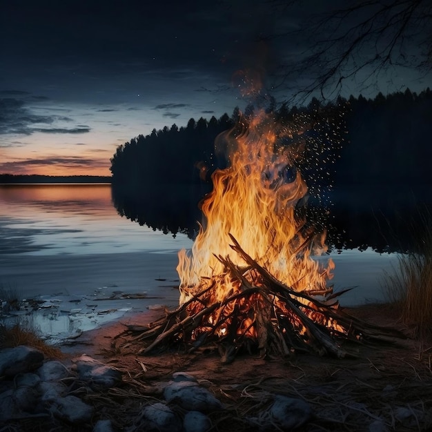 Campfire by the lake Beautiful lake side view with campfire Generative AI