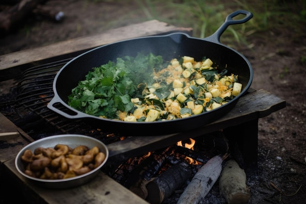 Campfire cooking with castiron skillet ingredients and spices created with generative ai