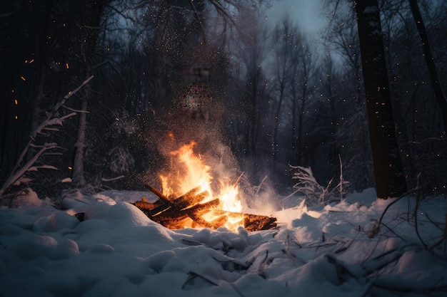 Потрескивание костра с пламенем танцует и летят искры в снежном лесу